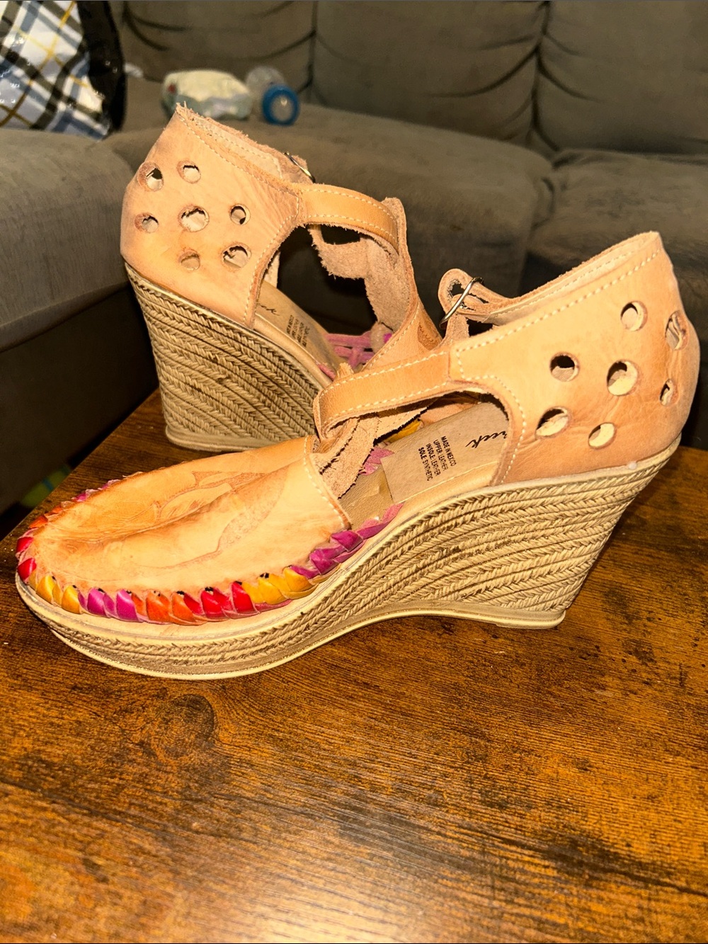 Peach Leather Wedge Sandals with Floral Embossing and Braided Trim - Picture 2 of 2